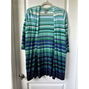 Catherines Open Front Cardigan Womens Size 1X Blue Green 3/4 Sleeve Beach Knit